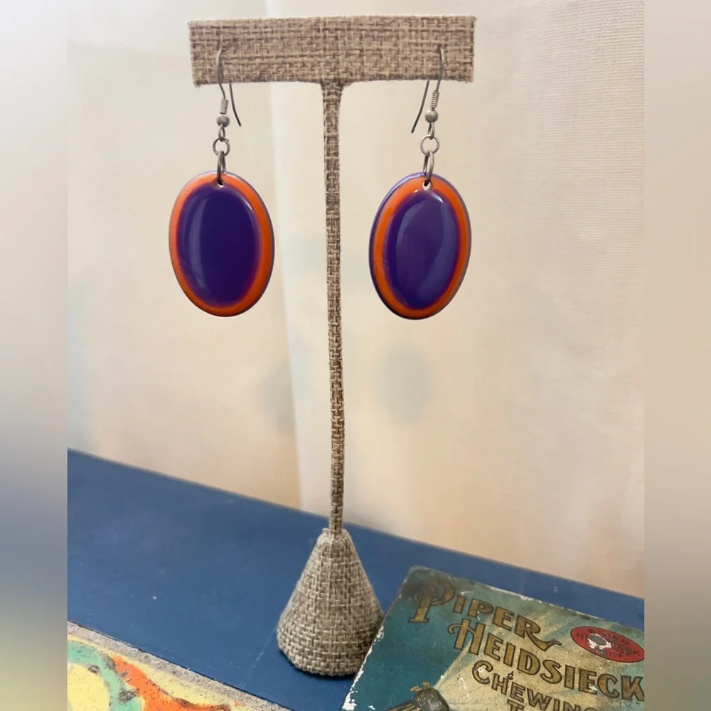 Vibrant Purple & Orange Oval Dangle Earrings